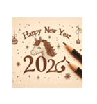 鉛筆手書 2026年 あけおめ 午年 馬 年賀状（個別スタンプ：1）