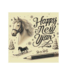 鉛筆手書 2026年 あけおめ 午年 馬 年賀状（個別スタンプ：3）