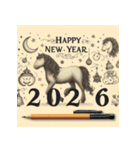 鉛筆手書 2026年 あけおめ 午年 馬 年賀状（個別スタンプ：7）