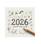 鉛筆手書 2026年 あけおめ 午年 馬 年賀状（個別スタンプ：10）