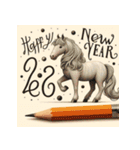 鉛筆手書 2026年 あけおめ 午年 馬 年賀状（個別スタンプ：24）