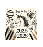 鉛筆手書 2026年 あけおめ 午年 馬 年賀状（個別スタンプ：36）