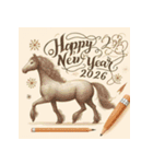 鉛筆手書 2026年 あけおめ 午年 馬 年賀状（個別スタンプ：38）