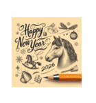 鉛筆手書 2026年 あけおめ 午年 馬 年賀状（個別スタンプ：39）