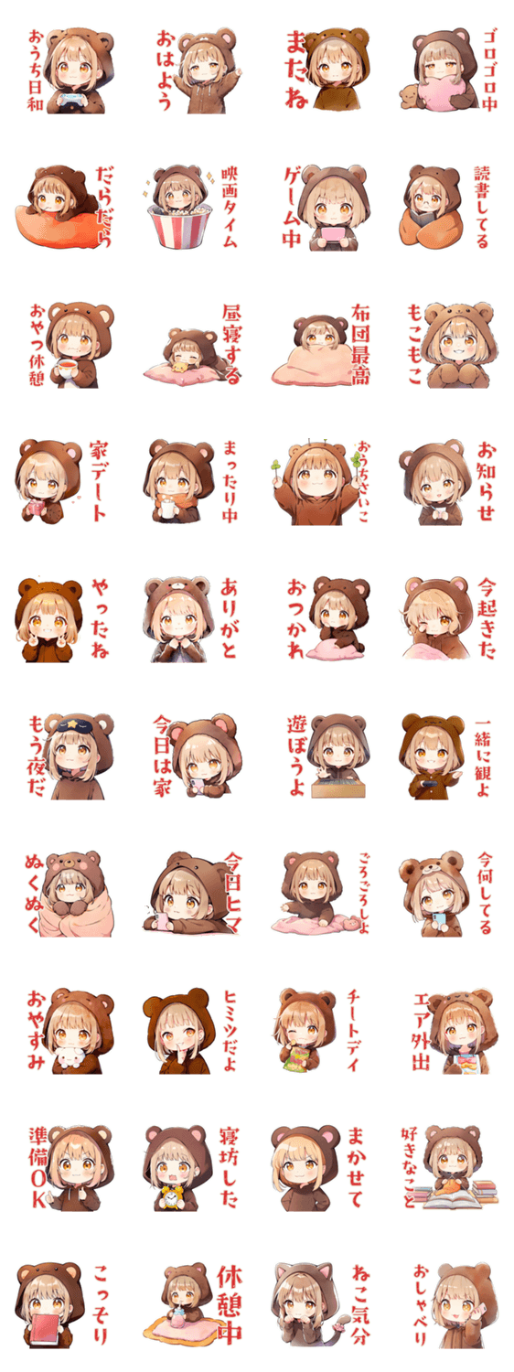 おうちでまったり★くま耳パーカーの女の子のスタンプ詳細