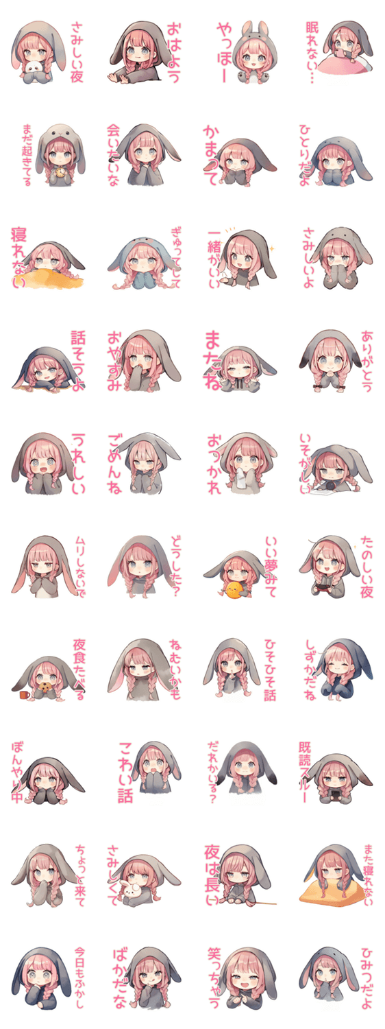たれ耳うさぎ女子の夜ふかしのスタンプ詳細