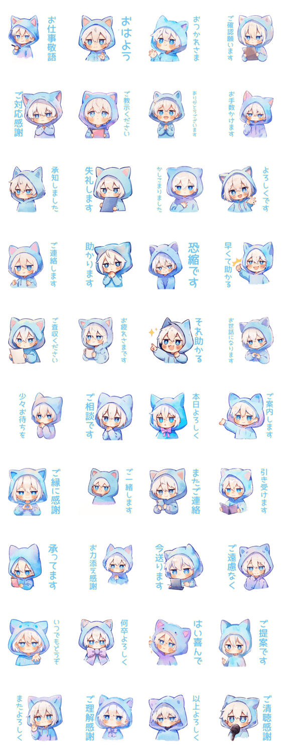 仕事やさしい敬語★白猫耳パーカーくんのスタンプ詳細