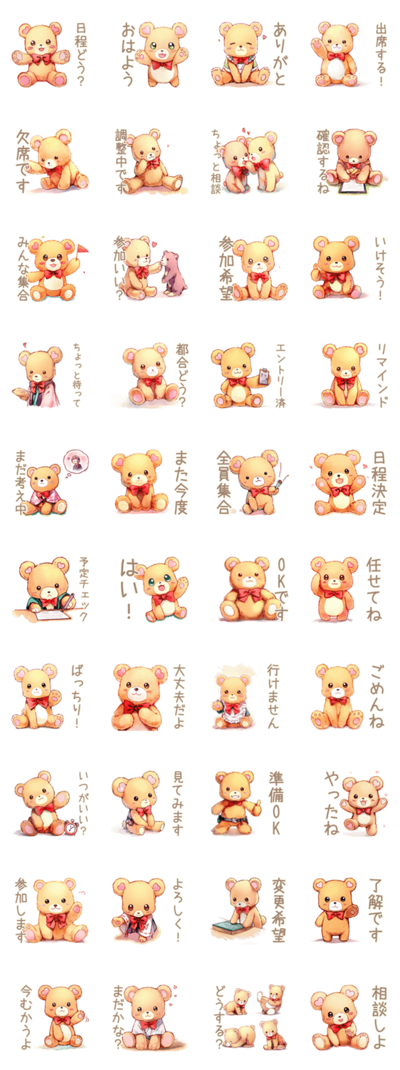 やさしいくまの丁寧な出欠調整のスタンプ詳細