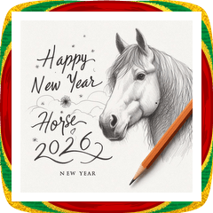 [LINEスタンプ] 鉛筆手書 2026年 あけおめ 午年 馬 年賀状