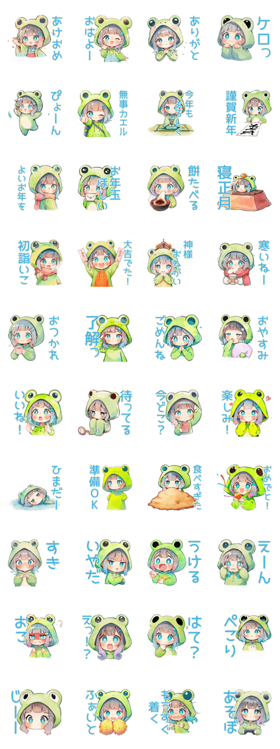 蛙フードパーカーの女の子★あけおめのスタンプ詳細